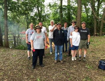 volunteer crew with Jerry Prouhet, Kenny Biermann, Dorris Keeven-Franke, Ron Franklin, Justkin Watkins, Tom Lange, Tina and Todd Ziegler, Pat Kendall, Steve and Deborah Stopke, Nathan Wunderlich, and Mike Roth on a workday in May 2020 – photo by Ron Franklin